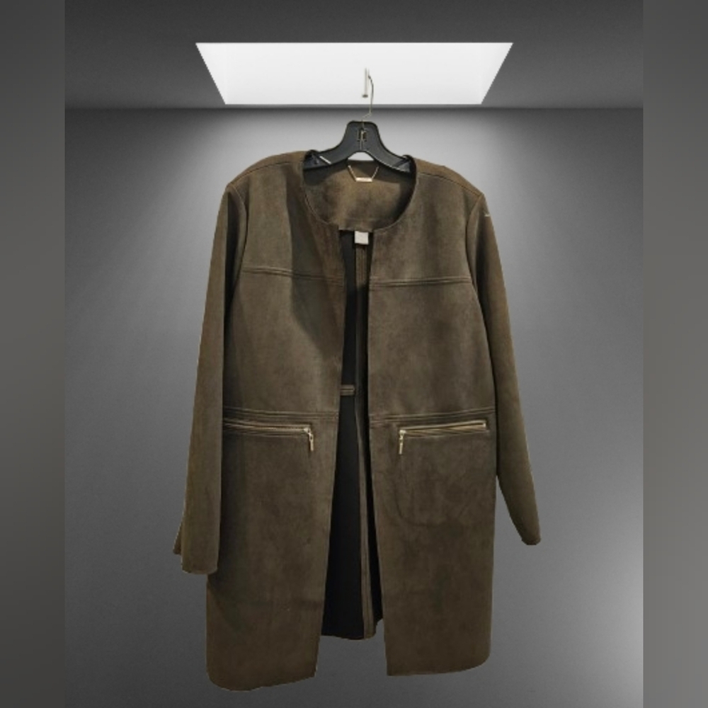 NWT Chico’s Faux Suede Olive Green Topper Jacket Coat Size 16 XL Open Front